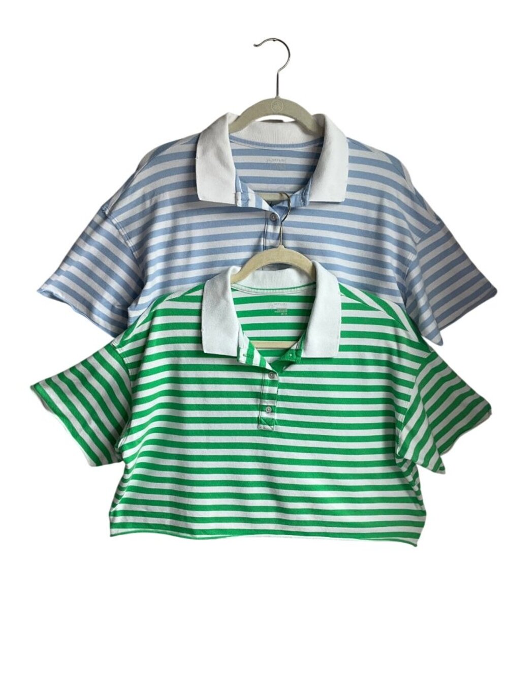 OFFLINE By Aerie XS Set of 2 Striped Cropped Polo Shirt Blue Green Cotton Preppy